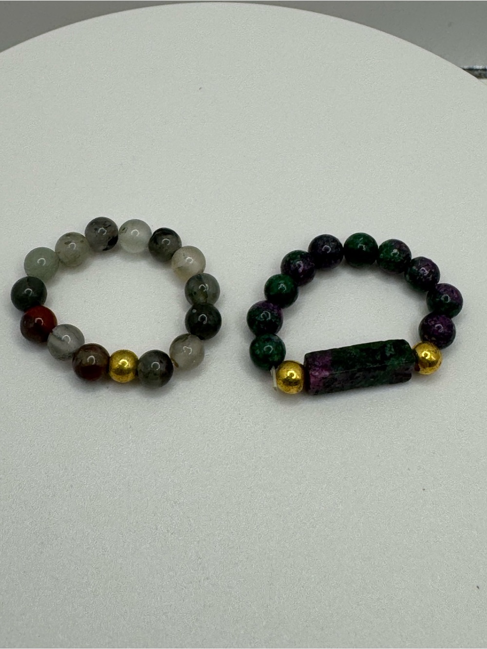 Green Beaded Stone Stretch Ring with Gold Accent Set of 2